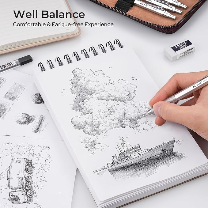 Nicpro 20PCS Metal Mechanical Pencil Set in Leather Case | Art Drafting Pencil 0.3/0.5/0.7/0.9/2mm Lead Holders, 9 Tube (4B 2B HB 2H Colors) Lead Refills, Erasers For Sketching Drawing