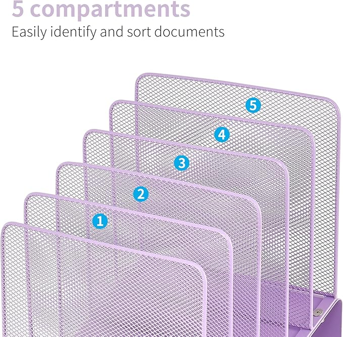 LEKETREE Purple File Organizer for Desk, Desk Organizer with 5-Section Vertical File Rack, File Folder Organizer (Purple)