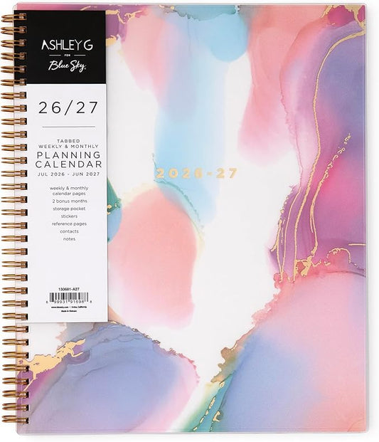 Blue Sky Ashley G 2026-2027 Weekly and Monthly Academic Year Planner Calendar, July 2026 - June 2027, 8.5" x 11", Flexible Cover, Wirebound, Laminated Tabs, Storage Pocket, Includes Sticker Sheet, Multi Color Smoke
