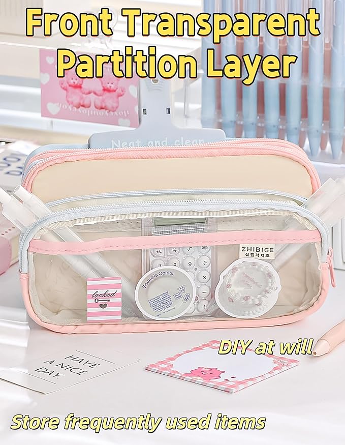 4-Layer Transparent Large Capacity Pencil Case - Ins Aesthetic Japanese Style Makeup & Supplies Organizer Pouch (Pink)