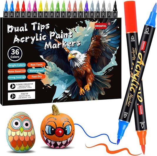 Acrylic Paint Pens Markers, 36 Colors Dual Tips Waterproof Paint Markers For Rock Painting, Fabric, Metal, Glass, Wood, Canvas, Ceramic, Plastic, Non-Toxic & Odor, Premium Art And DIY Craft Supplies