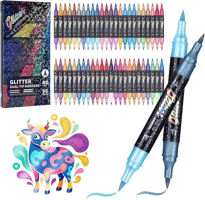 KEMYR Glitter Effect Brush Markers Pens,96 Colors Dual Tip Glitter Pens Set48 Pack Metallic Sparkle Markers for Cards, DIY Crafts, Doodle, Writing, Adults Coloring Books, Art Supplies Scrapbooking