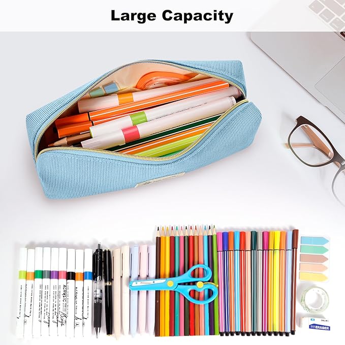 FINPAC Pencil Case, Corduroy Aesthetic Makeup Bag, Cute Kawaii Pen Bag Pouch Holder Box Organize for Study, Office, or Travel (Ocean Blue)