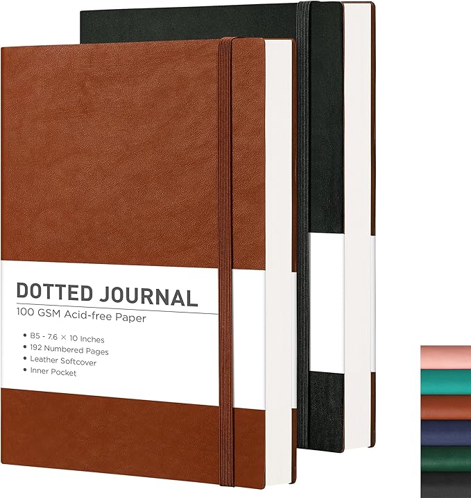 RETTACY Dotted Journal Notebook, 2-Pack, 192 Numbered Pages per Pack, B5 Medium Size (7.6'' × 10''), Leather Softcover, 100 GSM Thick Paper, for Journaling, Planning (Black & Brown)