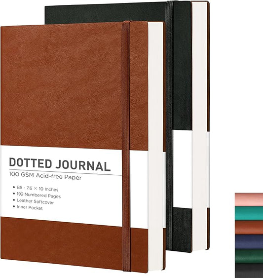 RETTACY Dotted Journal Notebook, 2-Pack, 192 Numbered Pages per Pack, B5 Medium Size (7.6'' × 10''), Leather Softcover, 100 GSM Thick Paper, for Journaling, Planning (Black & Brown)