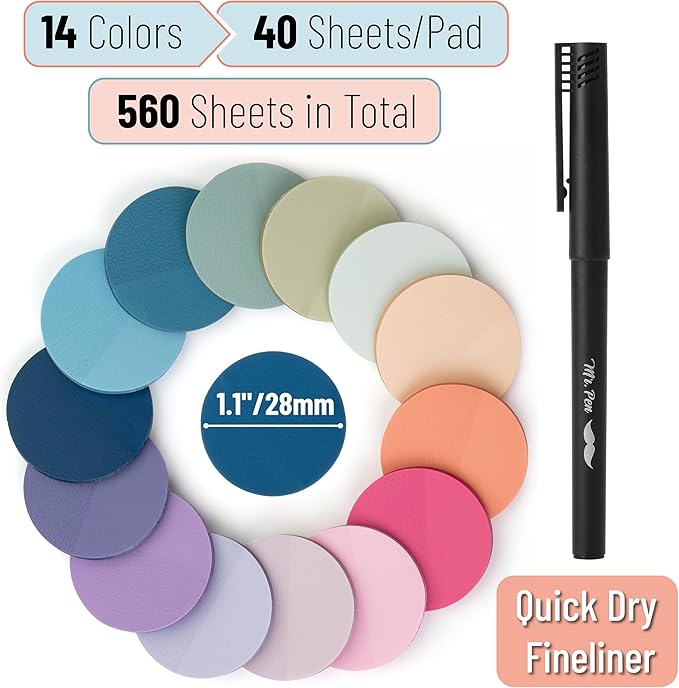 Mr. Pen- Round Transparent Sticky Notes, 1.1” Diameter, 14 Pads, 560 Sheets, Colorful, Water-Resistant See-Through Sticky Notes & Fineliner, Smooth Writing, Note Tabs for Bible Journaling, Studying