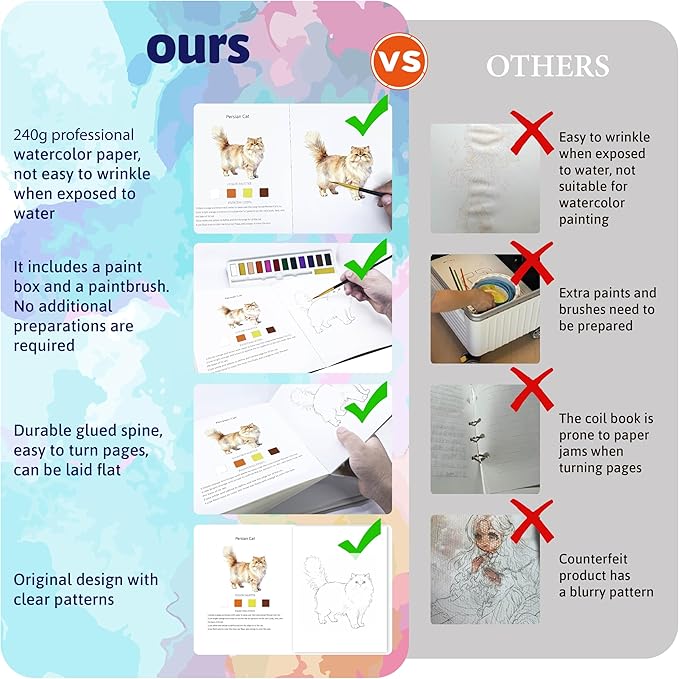 CraftyManor Watercolor Workbook Creative Insect Water color Paint Book Set with Paints & Brush, 12 Patterns of Original DIY Designs, Beginner-Friendly Adult Coloring Books (Cat)