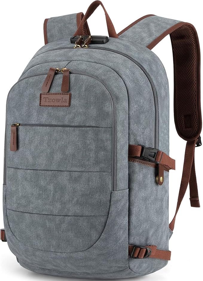 Tzowla Canvas Laptop Backpack-Anti Theft Bag for Men Women,Rucksack Fits 15.6Inch Laptop, Work Travel Bookbag with Lock