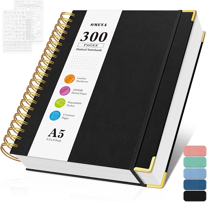 Bullet Dotted Journal Notebook, 300 Pages Leather Notebooks with Contens