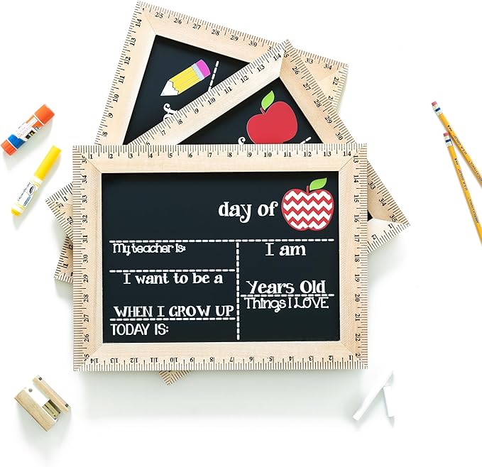 First Day of School Sign (11.5"x15"), Reusable Chalkboard Sign, Easy-to-Clean with Real Wooden Ruler Frame, Handmade in USA by Bloom Owl, Perfect for Back to School, First Day of Kindergarten, 1st