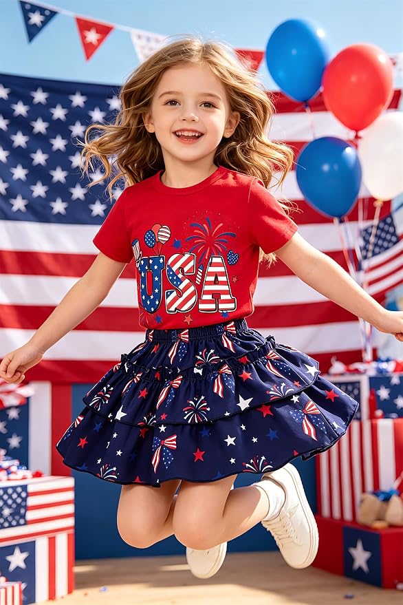 Little Girls Skirt Set - 2 Piece Short Sleeve Top Shirred Tiered Skirt Outfit Girls Spring Summer Clothes 3-8 Years
