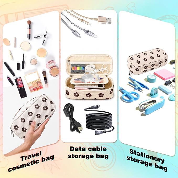 Big Capacity Pencil case,Soft Corduroy Pencil Bag,Cute Pen Case with Handle,5 Compartments, Wide Opening Pen Pouch Organizer for Teen Girls Women (Brown Floral)