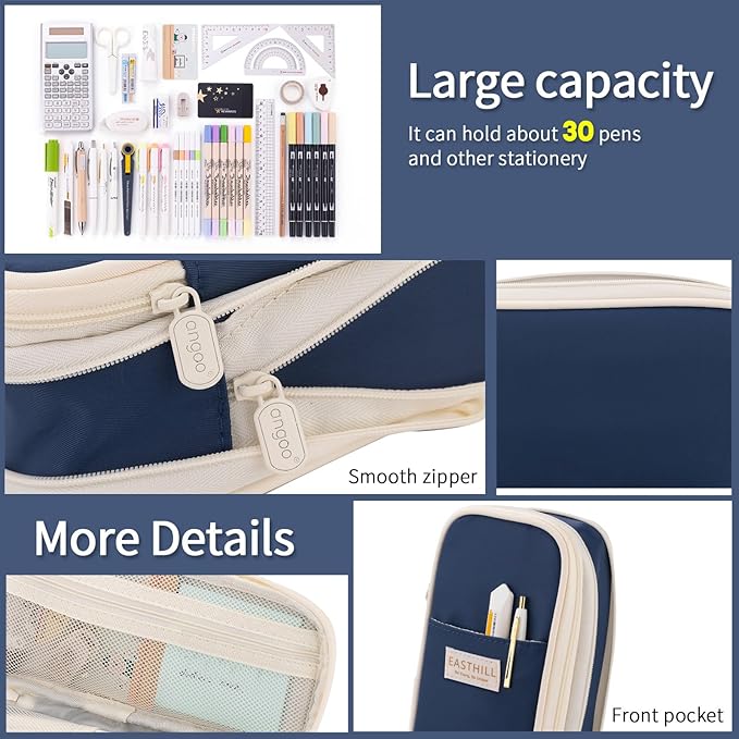 EASTHILL Big Capacity Pencil Case Large Pencil Pouch Stationery Pen Bag for Teen Girls-Navy