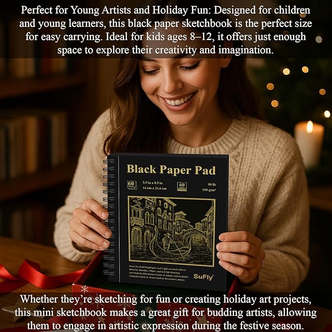 SuFly Black Paper Sketchbook 5.5 x 8.5, 60 Sheets (90lb/150gsm) Artist Papers for Drawing | Black Paper for Colored Pencils & Gel Pens, Artist Supplies, Sketch Books for Teens and Adults.