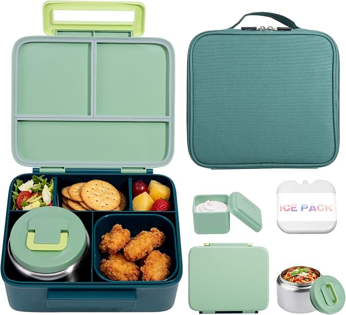 Bento Lunch Box for Kids with 8oz Soup Thermo Leak-Proof Lunch Food Containers with Snack Sauce Container for Kid Girls Boys to School, Green Bag