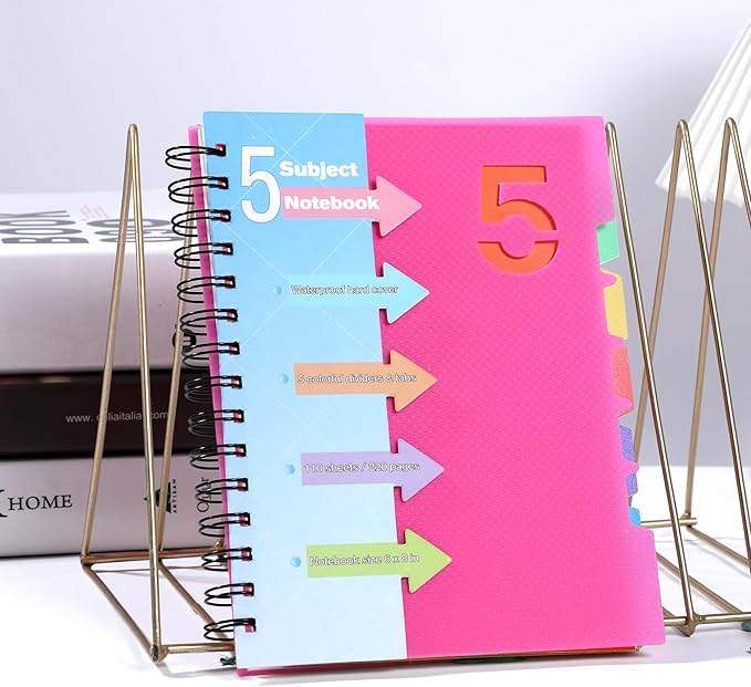 CAGIE 2 Pack 5 Subject Notebook with Dividers 220 Pages Spiral Notebooks with Tabs 6x8 A5 Spiral Bound Journal for Note Taking Work School Supplies,Pink