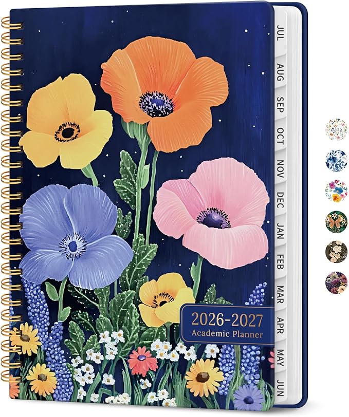Planner 2026-2027, Academic Year Monthly and Weekly Calendar Planner, Jul 2026 - Jun 2027, Hardcover Teacher Student Planning Agenda book with Tabs, Perfect for School Office Supplies, 6.3" x 8.5" - Lavish Bloom