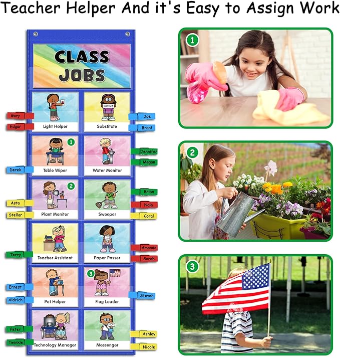 ABCxGOOD Class Jobs Pocket Chart Class Management Educational Pocket Chart Teacher's Helper, Preschool Classroom Must Haves Supplies, Great for Classroom Homeschool. (Blue) (Blue, 29.5"*10")