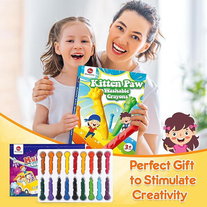 Mocoosy 18 Colors Jumbo Crayons for Toddlers 1-3, Mess-Free Washable Crayon with Coloring Book Set for Kids Ages 4-8, Non Toxic Crayons Kit Art Supplies Coloring Gift Travel Road Trip Activities