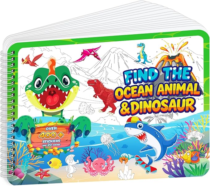 Elfew Search and Find Sticker Book for Kids Ages 3-8, Dinosaur and Ocean Animal Sticker Activity Book for Kids with 20 Theme, Over 400+ Stickers, Toddler Educational Travel Toys