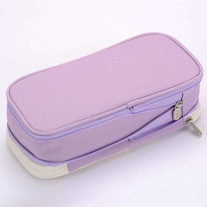 Large Capacity Big Special Cute Aesthetic Preppy Canvas Pencil Case Organizer Holder Pouch Bag with Zipper Compartments, Pen Cases for Women Girls School Adults (Beige/Purple)