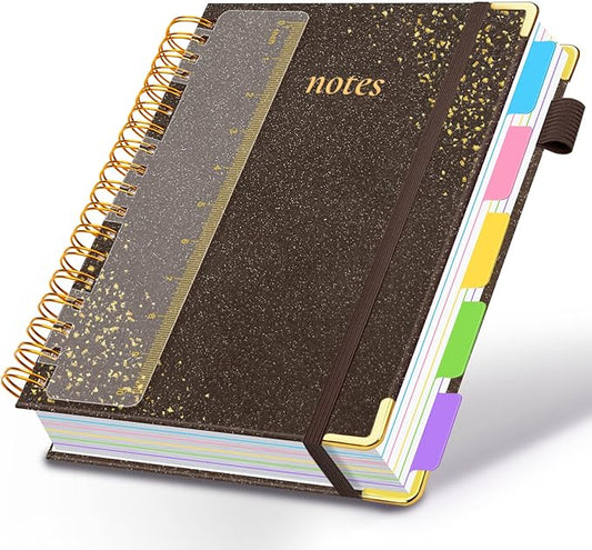 Hardcover Spiral Notebook with Removable Dividers & Tabs, 8.5"x11" 5 Subject Notebooks for Work, 300 Pages College Ruled Notebook, A4 Sparkle Lined Journal for Women Girls Note-Taking (Brown)