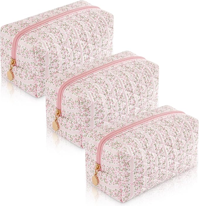 3PCS Makeup Bag Travel Toiletry Bag for Women, Small Cosmetic Bags Aesthetic Organizer Quilted Cotton Makeup Pouch & Purse Emergency Bag Floral Pencil Case Accessory Bag, Pastel Pink
