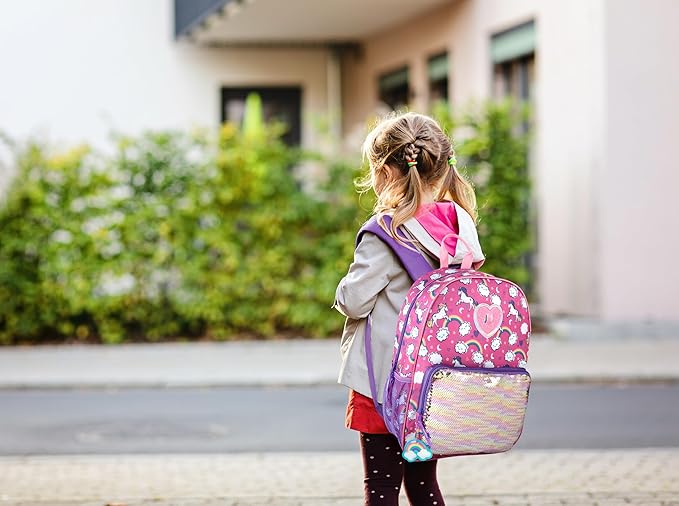 Trail maker Girls 6 in 1 Backpack and Lunch Box Set for School with Pencil Case, Water Bottle, Keychain Attached for Kids (Sparkle Unicorns)