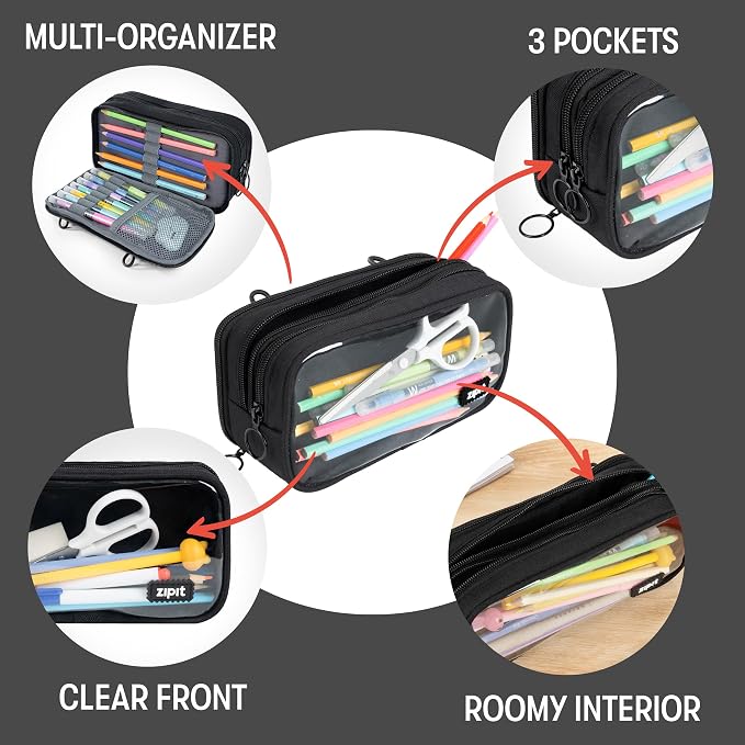 ZIPIT Half & Half Pencil Case, 3-Compartment Aesthetic Zipper Pouch, Black | Clear-front pencil case for school, dedicated organizer panels, holds up to 70 pens & pencils, durable easy-care polyester