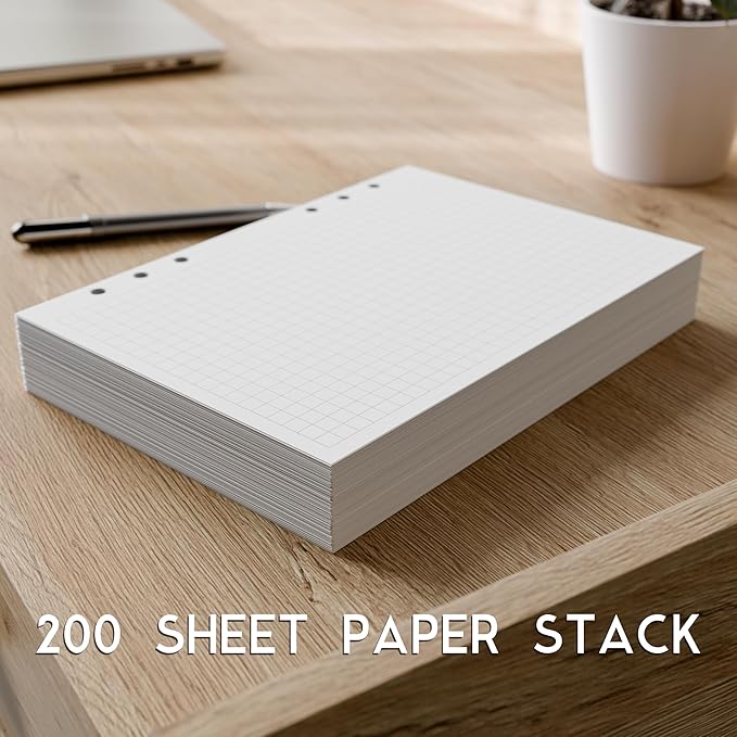 A5 Graph Paper Refill, 6-Hole Punched, Quad Ruled, 120GSM, 200 Sheets (400 Pages), 5.83 x 8.27 inches, 1/4 Inch Squares for 6-Ring Planner Binders