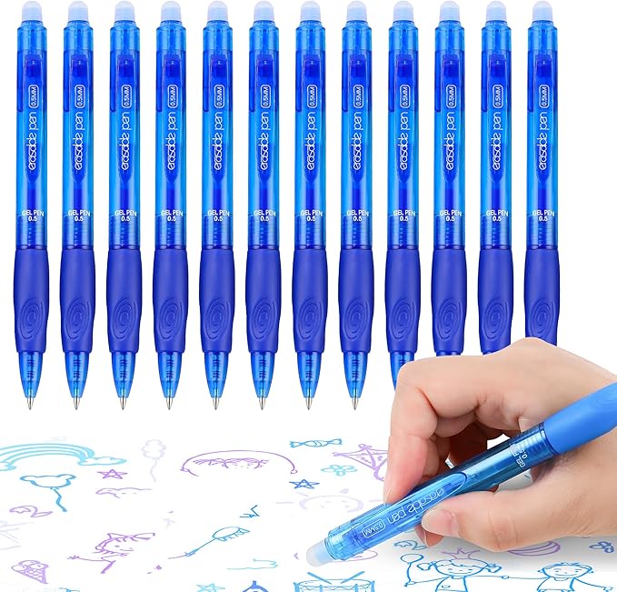 USUAL Retractable Erasable Pens 12 Blue Erasable Gel Pen 0.5mm Erasable Gel Pens Black Make Mistakes Disappear Smooth Writing Pen Office Back-to-School Supplies (Blue)