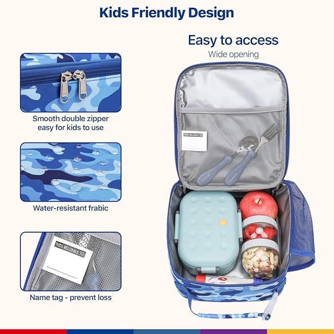 Bagseri Kids Lunch Box for Boys - Insulated Toddler Lunch Bag Fits Bento Box, Reusable Daycare Cooler Tote with Clip Handle, Water-Resistant Lining, Blue Camo
