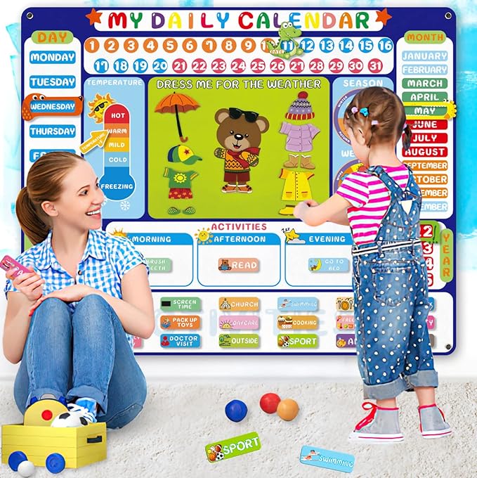 My Daily Calendar Felt Board for Kids Preschool Classroom Calendar 3.5Ft Circle Time Learning Center All About Today Activities Bear Dress Emotion Weather Season Days of the Week for Toddlers Learning