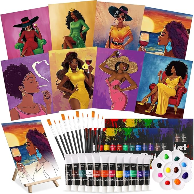 Cholemy 36 Pcs Paint and Sip Kit for Adults 8''x10'' Pre Drawn Canvas for Painting DIY Afro Acrylic Painting Kit Wood Easel Brushes Date Night Bulk for Father's Day Party Gifts(Wine Lady)