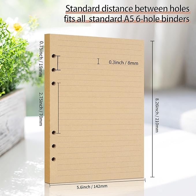 Vintage Kraft Paper - A5 Lined Flipchart Refill, 80 Sheets (160 Pages) for 6-Ring Binders, Journal, Notebook, Diary