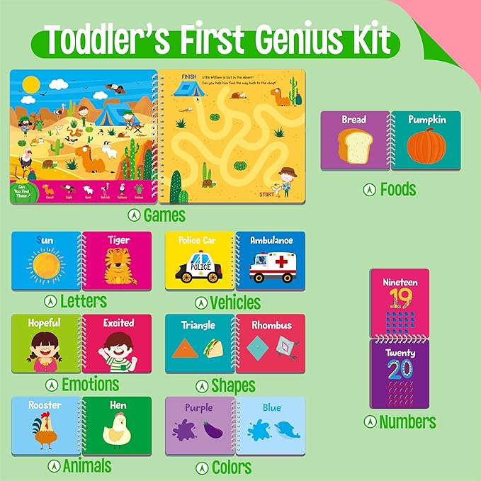 Kids Learning Flipbooks, 8 Board Books & 50 First Word Cards - Alphabet, Numbers, Colors, Shapes, Emotions, Animals, Vehicles & Fun Games Activities, Early Educational Learning Tool For Kids, Children