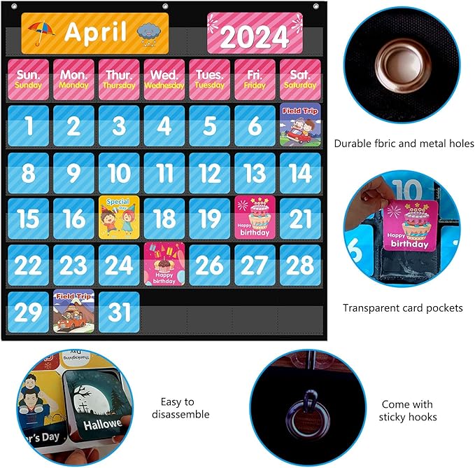 REGELETO Large 44 Pockets Calendar Pocket Chart for Classroom with 85 Cards, Size:25” X 24” Monthly Calendar and Weather Black Pocket Chart for Students Learning for Home or School (44 Pockets)
