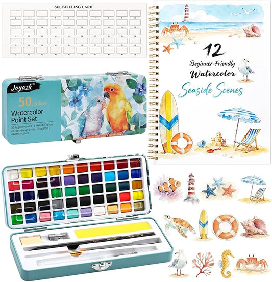 Watercolor Workbook Seaside, Water Coloring Book, 12 Different Patterns of Original DIY Designs, 50 Colors Watercolor Paint Set with Palette and Brush, Beginner-Friendly Watercolor Workbooks (Seaside)