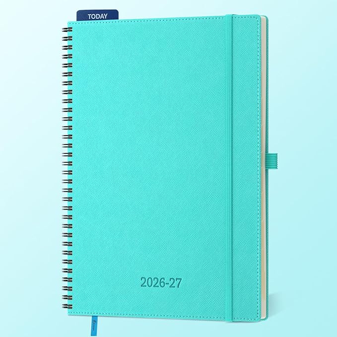 Planner 2026-2027 Daily Weekly and Monthly,11.5"x8.5",18 Months Spiral Bound Calendar Agenda with Self-adhesive Pen Holder,2026 Academic Plan with Vegan Leather Soft Cover,Light Blue