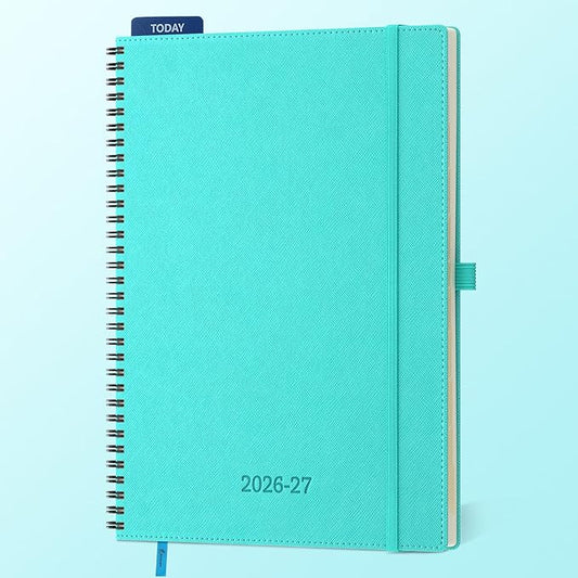 Planner 2026-2027 Daily Weekly and Monthly,11.5"x8.5",18 Months Spiral Bound Calendar Agenda with Self-adhesive Pen Holder,2026 Academic Plan with Vegan Leather Soft Cover,Light Blue
