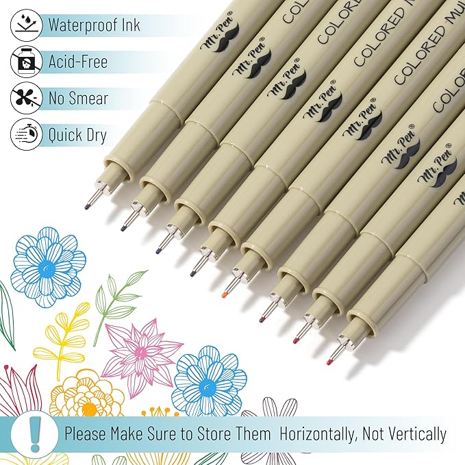 Mr. Pen- 0.45mm Micro Fine Point Pens, 8 Pack, Colorful Ink, Waterproof, Acid-Free, No-Smear Quick-Dry Fineliner Pens for Drawing, Sketching, Bible Journaling, Outlines & Everyday Writing