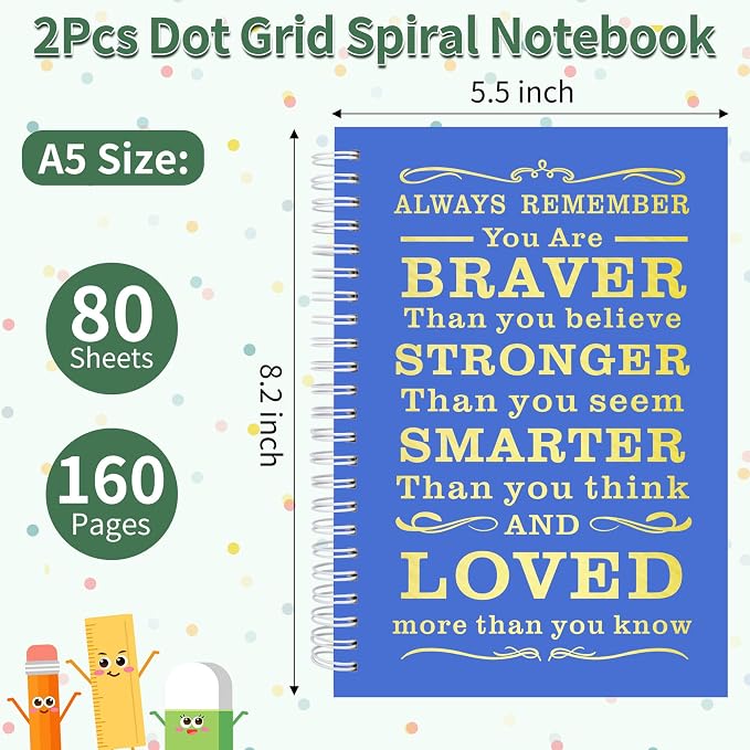JOHSBYD 2Pcs Spiral Dotted Notebook,Inspirational Gifts A5 Dot Grid