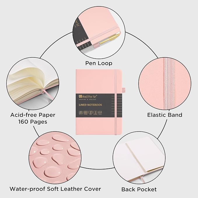 &And Per Se Lined Journal and Pen Set (3 Packs), A5 Leather Hardcover Notebook with Pen & Stationary Set, 160 Pages 100GSM Thick Ruled Paper Journal for Business Work Writing (Pink)