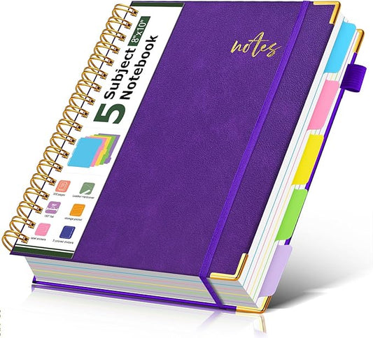 5 Subject Spiral Notebook Journal with Removable Dividers Tabs, 300 Pages Organizer Notebooks for Work School, 8"x10" Hardcover Leather Notebook College Ruled, Large Lined Journal for Women Men,Purple