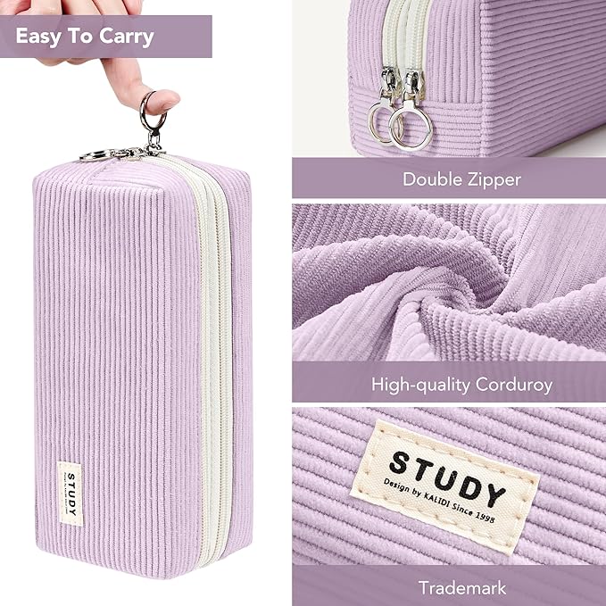 KALIDI Large Pencil Case Corduroy Pencil Pouch Box Cute School Supplies for Teen Girls Boys, Purple