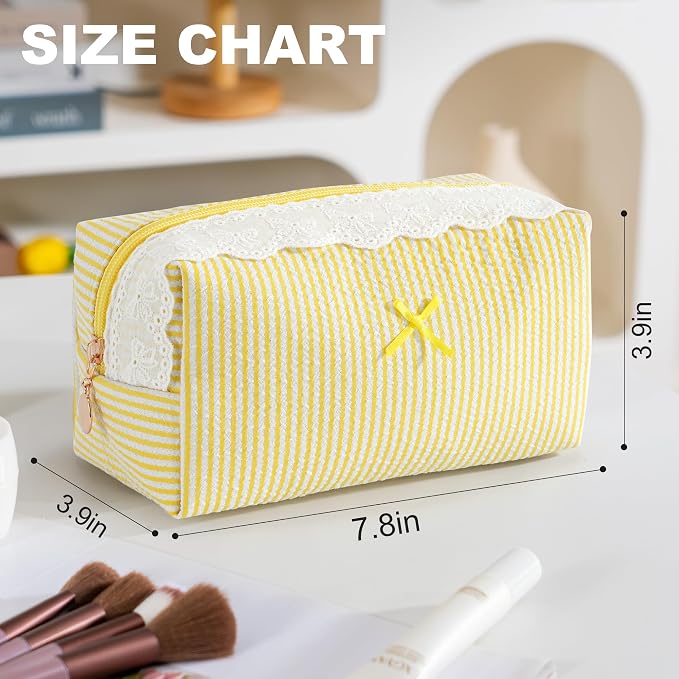 Makeup Bag Travel Toiletry Bag for Women, Small Cosmetic Bags with Lace Trim Cute Yellow Stripe Aesthetic Organizer Makeup Pouch for Purse Emergency Bag Pencil Case Accessory Bag