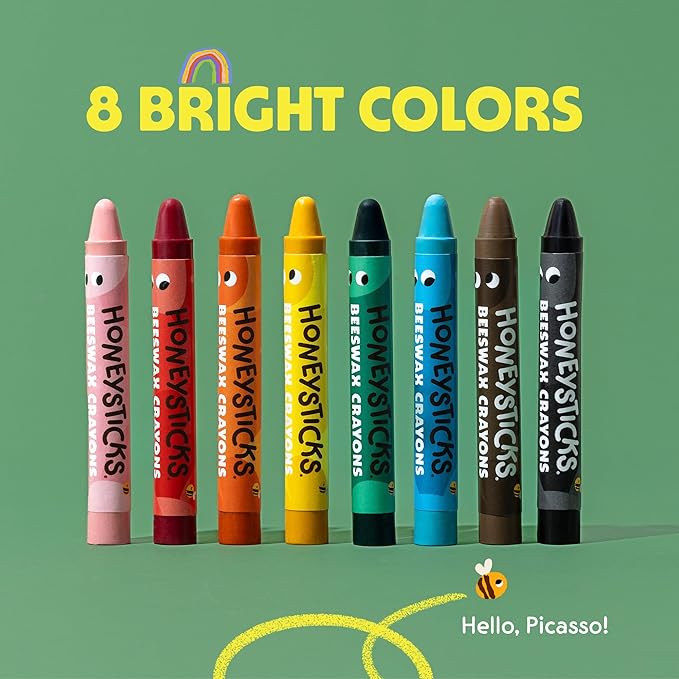 Honeysticks Jumbo Crayons (8 Pack) - Non Toxic Crayons - 100% Pure Beeswax and Food Grade Colors - 8 Bright Colors - Large, Easy to Hold and Use - Preschool Art Supplies for Toddlers/Kids 3-5, 4-8