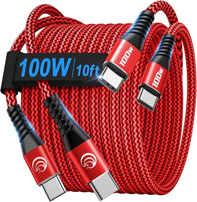 USBC to USBC 100W [10ft/2 Pack] USB C to USB C Fast Charging Cable Braided C to C Charger Cord 5A for MacBook Pro/Air, iPhone 16 15 Pro Max Plus,iPad Pro,Samsung Galaxy S24 Ultra S23,Pixel,PS5,Switch