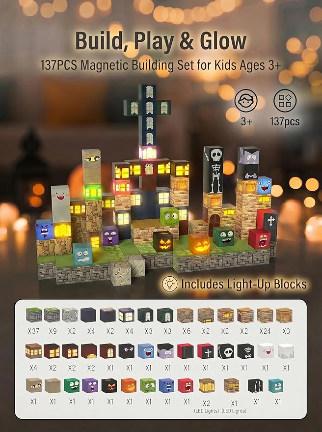 Veecafiodi 137PCS Magnetic Building Blocks with Lights, Magnetic Blocks Building Set for Kids Ages 4-8, STEM Building Toys for Boys Girls, Birthday Gift