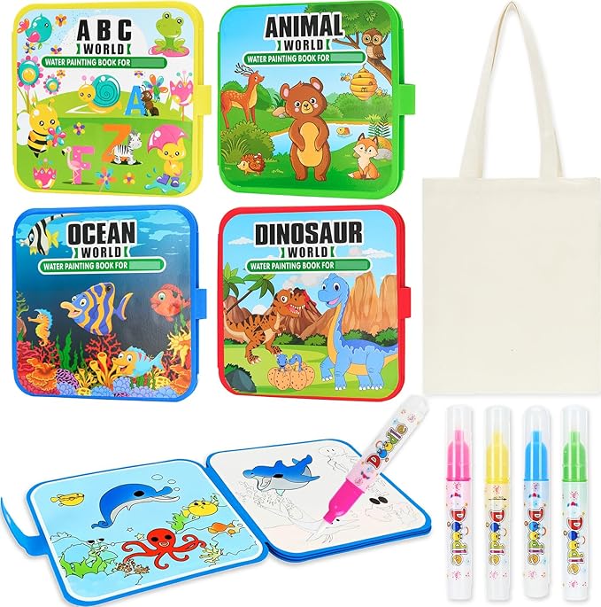 Bafeil 4 Pack Reusable Water Coloring Book Set with Water Pens and Canvas Bag, No Mess Water Painting Books, Animal Ocean Dinosaur Themes, Travel Coloring Activity